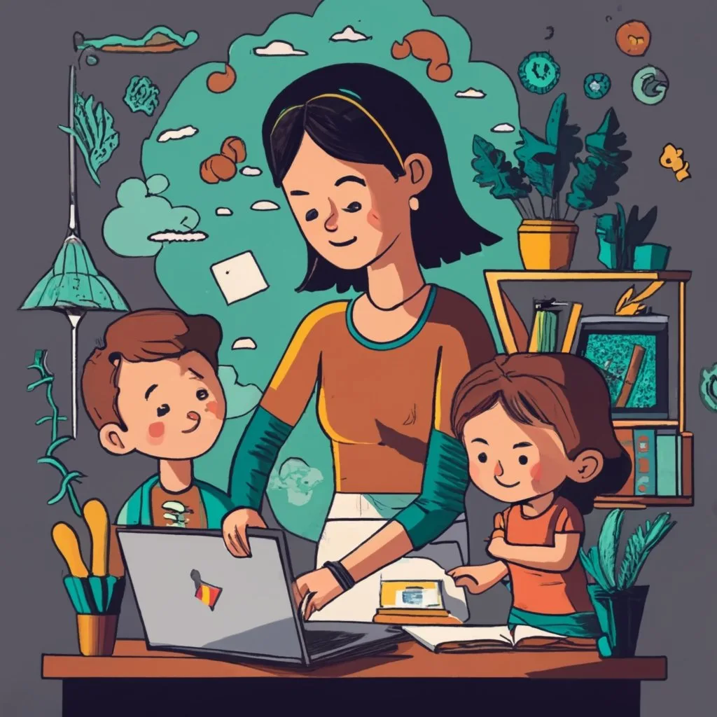 Mamá escribiendo con dos niños